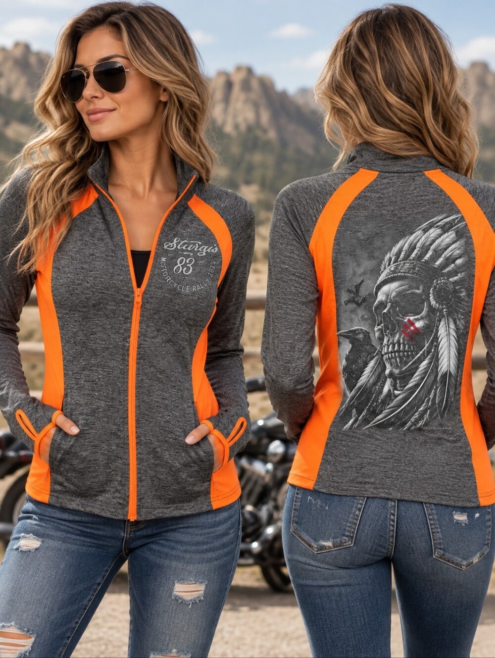 MAVERICK TRADING POST Jacket Womens Medium Gray Orange Sturgis Biker Skull 2023